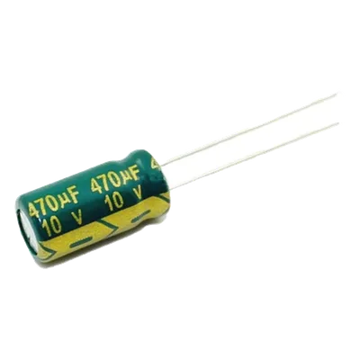 Capacitor Electrolítico de Aluminio / 470 µF / 10 VDC / 105 °C / Radial 6.3 x 11 mm / Corriente de Rizado 300 mA @10kHz