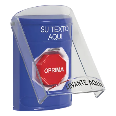 Botón de emergencia con tapa protectora / Restablecimiento con llave / Texto personalizable 2 líneas / LED opcional R/G/B / Montaje en superficie
