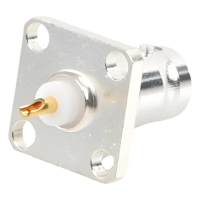 Conector BNC Hembra para Chasis / Montaje en Panel 17.53 mm / 4 Perforaciones 12.7 mm (0.5 in) / Impedancia 50 Ohm / Terminación por Soldadura