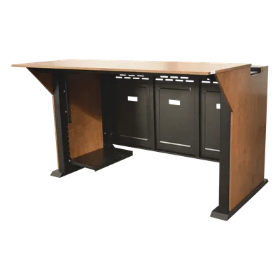 Consola Profesional para Monitoreo | Con Porta PC | Con Tomacorriente | Tapas Removibles | Color Negro y Nogal con Veta | Lamina de Acero Rolado Calibre 18 | Pintura en Polvo Electrostática.