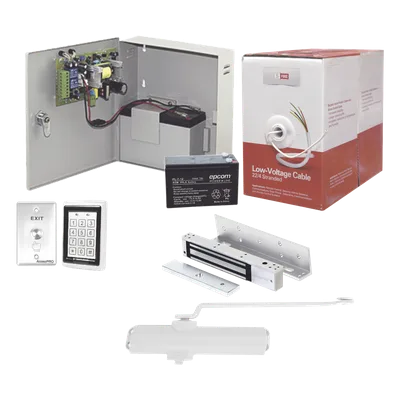 Sistema de Control de Acceso / Teclado Antivandálico con Lector / Chapa Magnética 600 lb (272 kg) / Cierrapuerta 40-65 kg / Fuente 12VCC 3A con Batería de Respaldo