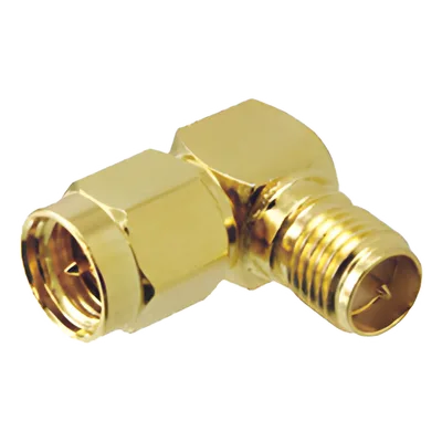 Adaptador en Ángulo Recto / SMA Macho a SMA Hembra Inverso / Cuerpo Bronce Oro / Contacto Oro / Aislante Teflón