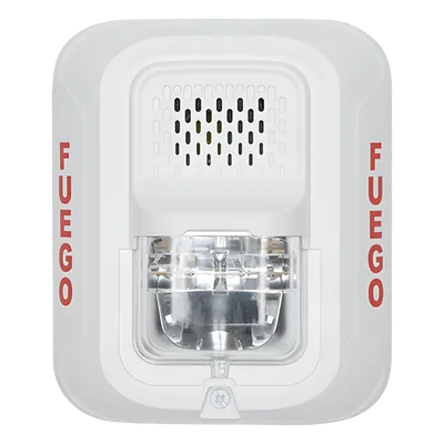 Sirena con Lámpara Estroboscópica a 2 Hilos, Montaje en Pared, Color Blanco, Configuración Estroboscópica Seleccionable y Texto en Español, Nuevo Diseño Moderno y Elegante y Menor Consumo de Corriente