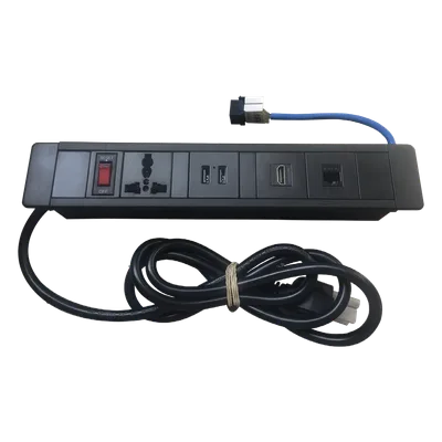 Hub para escritorio color negro, con 1 Puerto HDMI Hembra-Hembra, 1 Conector RJ45 Cat6, 2 Puertos USB 5V DC /2 A, y 1 Contacto eléctrico universal (11100-00001)