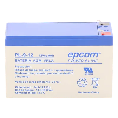 Batería 12 Vcc / 9 Ah / UL / Tecnología AGM-VRLA / Para uso en equipo electrónico Alarmas de intrusión / Incendio/ Control de acceso / Video Vigilancia / Terminales F1 / Cargador recomendado CHR-80.