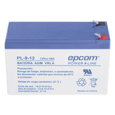 Batería 12 Vcc / 9 Ah / UL / Tecnología AGM-VRLA / Para uso en equipo electrónico Alarmas de intrusión / Incendio/ Control de acceso / Video Vigilancia / Terminales F1 / Cargador recomendado CHR-80.