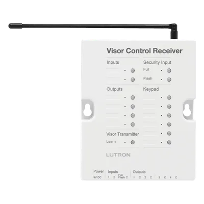 Receptor de Control de Visera / 4 Salidas de Contacto Seco / 2 Entradas de Contacto Seco / Entrada de Seguridad / Hasta 10 Transmisores / RadioRA 2