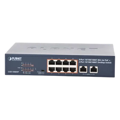 Switch PoE+ / 8 Puertos Gigabit 802.3at / 2 Puertos Uplink / Presupuesto PoE 120 W / Alcance Extendido 250 m (820.2 ft) / Rackeable 1U