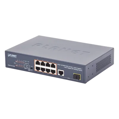 Switch no Administrable 8 puertos 10/100 PoE 802.3af/at 135W, 1 puerto Uplink 10/100/1000 y 1 SFP 100/1000 para escritorio