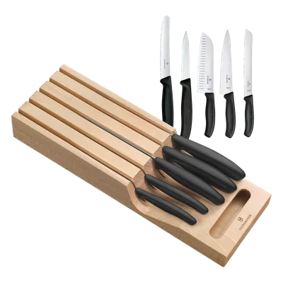 Portacuchillos de Cajón / Madera de Haya Suiza / 5 Cuchillos / Polipropileno Negro / 435 x 148 x 65 mm