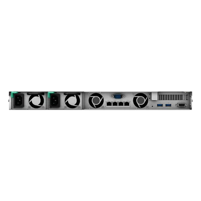 NAS Rack / 4 Bahías / CPU Intel Xeon D-1527 Quad-Core / 8 GB DDR4 ECC Ampliable a 64 GB / 2 Ranuras M.2 NVMe/SATA / 4 Puertos LAN 1GbE / Soporte 10GbE Opcional / Escalable a 16 Bahías