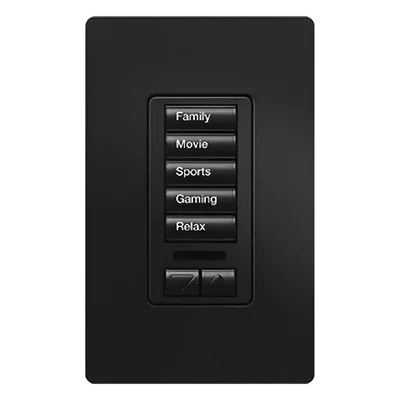 Teclado de Pared Programable / 5 Botones de Escena / Subir-Bajar / Retroiluminado / RF Clear Connect / Alcance 9 m (29.5 ft) / Control de Iluminación y Cortinas