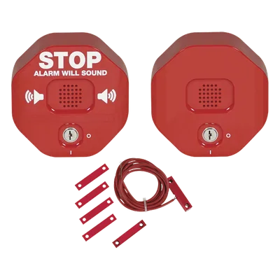 Alarma de Puerta Multifunción / Sirena 95/105 dB / Bocina Remota / Puertas Dobles / Uso Interior / Señal de Alto Visible / Programable 30 seg, 3 min o Indefinido