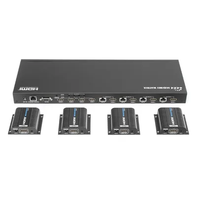 MATRICIAL Y EXTENSOR DE VIDEO HDMI 4 x 4 / 4 Entradas HDMI / 4 Salidas HDMI Loop / 4 Salidas RJ45 para Extender la señal 40 metros por salida / 1080 @ 60Hz / Conmutación por RS232, Control Remoto o