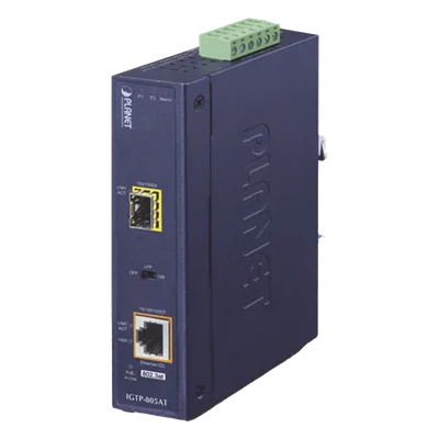 Convertidor de Medios PoE Industrial / SFP 1000BASE-X a RJ45 Gigabit / PoE+ 802.3at 30W / -40 a 75°C / IP30 / 12-48V CC o 24V CA