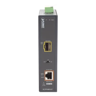 Convertidor de Medios PoE Industrial / SFP 1000BASE-X a RJ45 Gigabit / PoE+ 802.3at 30W / -40 a 75°C / IP30 / 12-48V CC o 24V CA
