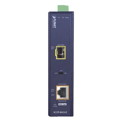 Convertidor de Medios PoE Industrial / SFP 1000BASE-X a RJ45 Gigabit / PoE+ 802.3at 30W / -40 a 75°C / IP30 / 12-48V CC o 24V CA