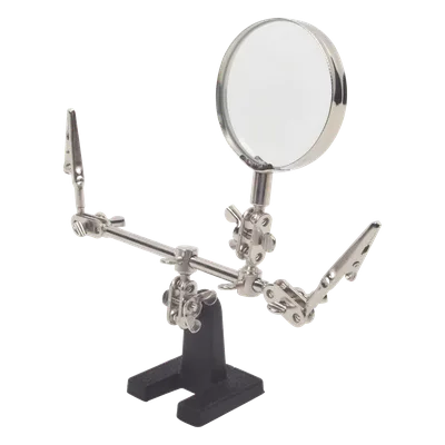 Soporte con lupa y brazos con clip / Lupa 6.2 cm / Aumento 3x / Base hierro fundido / 289 g / 14 x 8 cm (5.5 x 3.1 pulgadas)