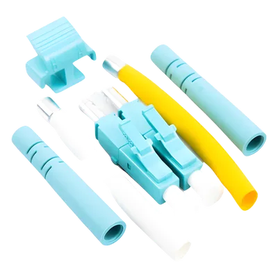 Conector de Fibra Óptica LC Duplex / Epoxi y Pulido / Multimodo / Fibra Recubierta / Color Aqua / 50 Unidades por Caja