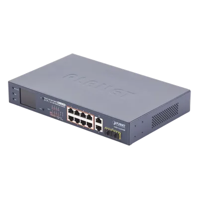 Switch PoE No Administrable / 8 Puertos Gigabit RJ45 / 2 Uplink Gigabit / 2 SFP / PoE 802.3af/at 32W / Presupuesto 120W / Extender 250 m (820 ft) / Pantalla LCD