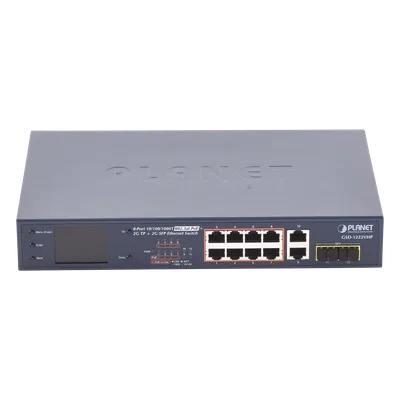 Switch PoE No Administrable / 8 Puertos Gigabit RJ45 / 2 Uplink Gigabit / 2 SFP / PoE 802.3af/at 32W / Presupuesto 120W / Extender 250 m (820 ft) / Pantalla LCD