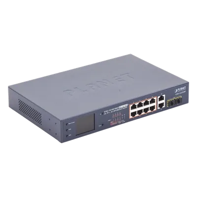 Switch PoE No Administrable / 8 Puertos Gigabit RJ45 / 2 Uplink Gigabit / 2 SFP / PoE 802.3af/at 32W / Presupuesto 120W / Extender 250 m (820 ft) / Pantalla LCD