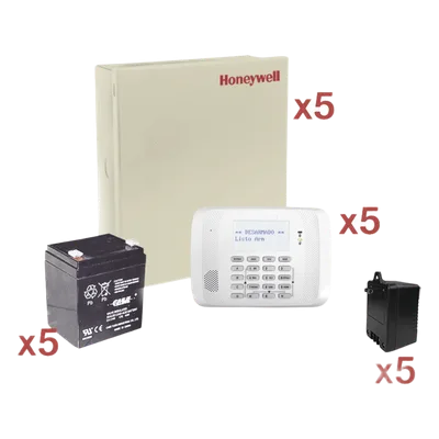 Kit de 5 paneles VISTA-48LA / 8 zonas cableadas + 40 inalámbricas c/u / teclado 6162RF / batería y transformador incluidos / sin comunicador