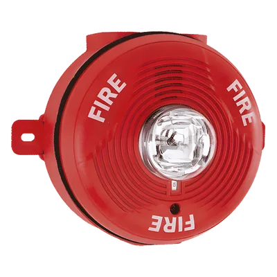 Sirena con Lámpara Estroboscópica para Exterior, Montaje en Techo, Nivel de Candelas Seleccionable, Color Rojo