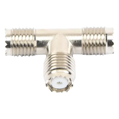 Adaptador RF en T / Triple Mini-UHF Hembra / Cuerpo Níquel / Contactos Plata / Dieléctrico Teflón