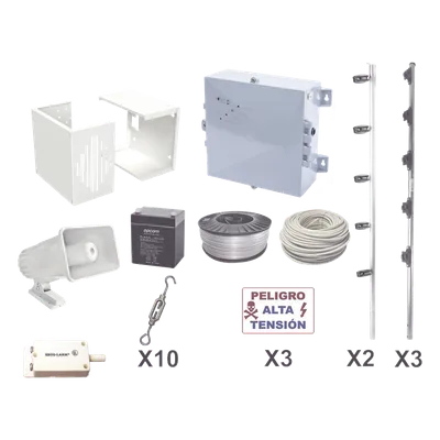 Kit de Cerco Eléctrico Perimetral / 25 m (82 ft) / 12,000V / Consumo 1.2 kW/mes / Tecnología SMT / Respaldo con Batería