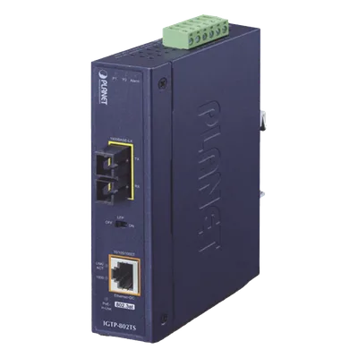 Convertidor de Medios Industrial PoE+ / 1000BASE-LX a 10/100/1000BASE-T / 802.3at / SC Monomodo / 20 km / -40 a 75 °C / IP30 DIN