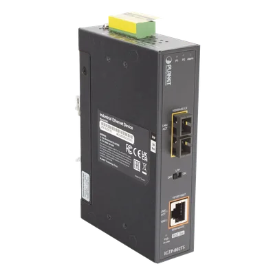 Convertidor de Medios Industrial PoE+ / 1000BASE-LX a 10/100/1000BASE-T / 802.3at / SC Monomodo / 20 km / -40 a 75 °C / IP30 DIN