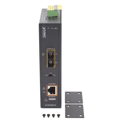Convertidor de Medios Industrial PoE+ / 1000BASE-LX a 10/100/1000BASE-T / 802.3at / SC Monomodo / 20 km / -40 a 75 °C / IP30 DIN