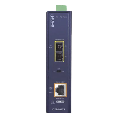 Convertidor de Medios Industrial PoE+ / 1000BASE-LX a 10/100/1000BASE-T / 802.3at / SC Monomodo / 20 km / -40 a 75 °C / IP30 DIN