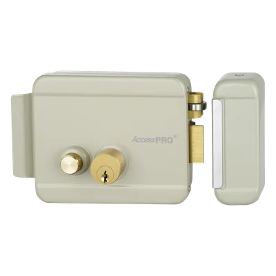 Cerradura Eléctrica con Botón de Salida / Doble Cerrojo / Exterior Derecha / 12 VCA 2.5A / Compacta 129 x 103 x 38 mm