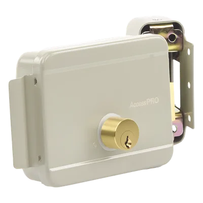 Cerradura Eléctrica / 12 VCA 2.5 A / Doble Cerrojo / Activación por Pulso 2 s / Exterior / Derecha / 129 x 103 x 38 mm