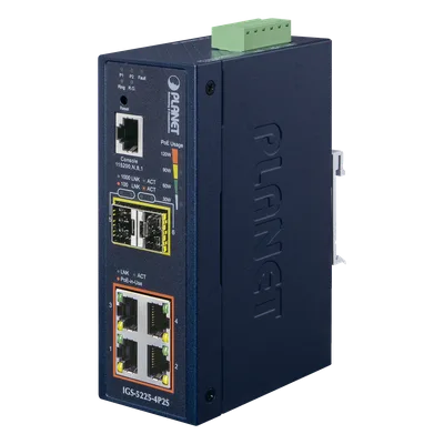 Switch Industrial Administrable Capa 2 / 4 Puertos PoE 802.3af/at Gigabit / 2 Puertos SFP 100/1000X / Anillo Redundante