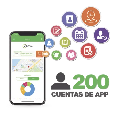 Licencia de Asistencia Móvil / 200 Usuarios / App Smartphone / GPS y Fotografía / Integración BioTime Pro