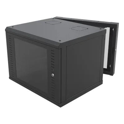 Gabinete de Pared Abatible / Rack 19" 12U / Carga 50 kg / Cristal Templado / Giro 180° / Acero Negro