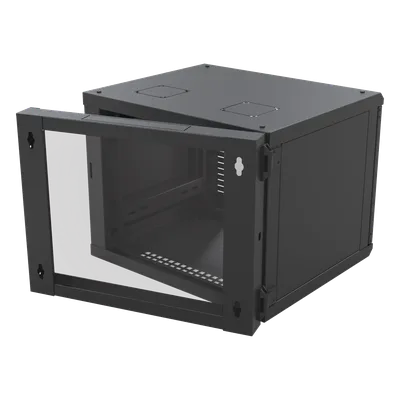 Gabinete de Pared Abatible / Rack 19" 12U / Carga 50 kg / Cristal Templado / Giro 180° / Acero Negro