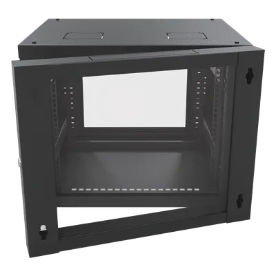 Gabinete de Pared Abatible / Rack 19" 12U / Carga 50 kg / Cristal Templado / Giro 180° / Acero Negro