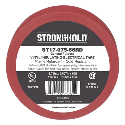 Cinta Aislante Eléctrica / PVC 0.18 mm / 19 mm Ancho / 20.12 m (66 ft) Largo / 600V / -10°C a 80°C / Rojo