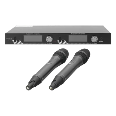 Sistema de Microfonía Inalámbrico UHF / 2 Micrófonos de Mano / 200 Canales / Alcance 100 m (328 ft) / Frecuencia 640-857 MHz / Batería 10-15 Horas