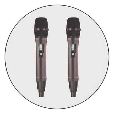 Sistema de Microfonía Inalámbrico UHF / 2 Micrófonos de Mano / 200 Canales / Alcance 100 m (328 ft) / Frecuencia 640-857 MHz / Batería 10-15 Horas