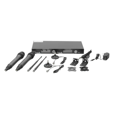 Sistema de Microfonía Inalámbrico UHF / 2 Micrófonos de Mano / 200 Canales / Alcance 100 m (328 ft) / Frecuencia 640-857 MHz / Batería 10-15 Horas