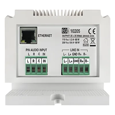 Etapa de potencia IP / 2×25W estéreo o 1×50W mono / Carril DIN / RTP-SIP-Modbus / WAV-MP3 / 8 GB