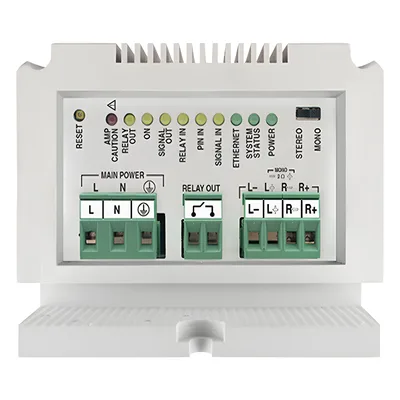 Etapa de potencia IP / 2×25W estéreo o 1×50W mono / Carril DIN / RTP-SIP-Modbus / WAV-MP3 / 8 GB