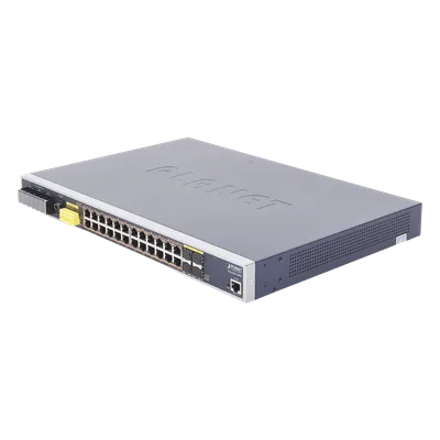 Switch PoE Industrial Capa 3 / 24 Puertos Gigabit 802.3af/at / 4 SFP Compartidos 100/1000X / Rango de Temperatura -40 ~ 75°C / Gestión Avanzada / Anillo Redundante