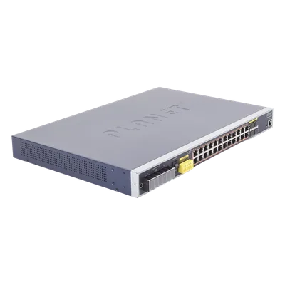 Switch PoE Industrial Capa 3 / 24 Puertos Gigabit 802.3af/at / 4 SFP Compartidos 100/1000X / Rango de Temperatura -40 ~ 75°C / Gestión Avanzada / Anillo Redundante