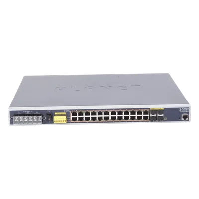 Switch PoE Industrial Capa 3 / 24 Puertos Gigabit 802.3af/at / 4 SFP Compartidos 100/1000X / Rango de Temperatura -40 ~ 75°C / Gestión Avanzada / Anillo Redundante